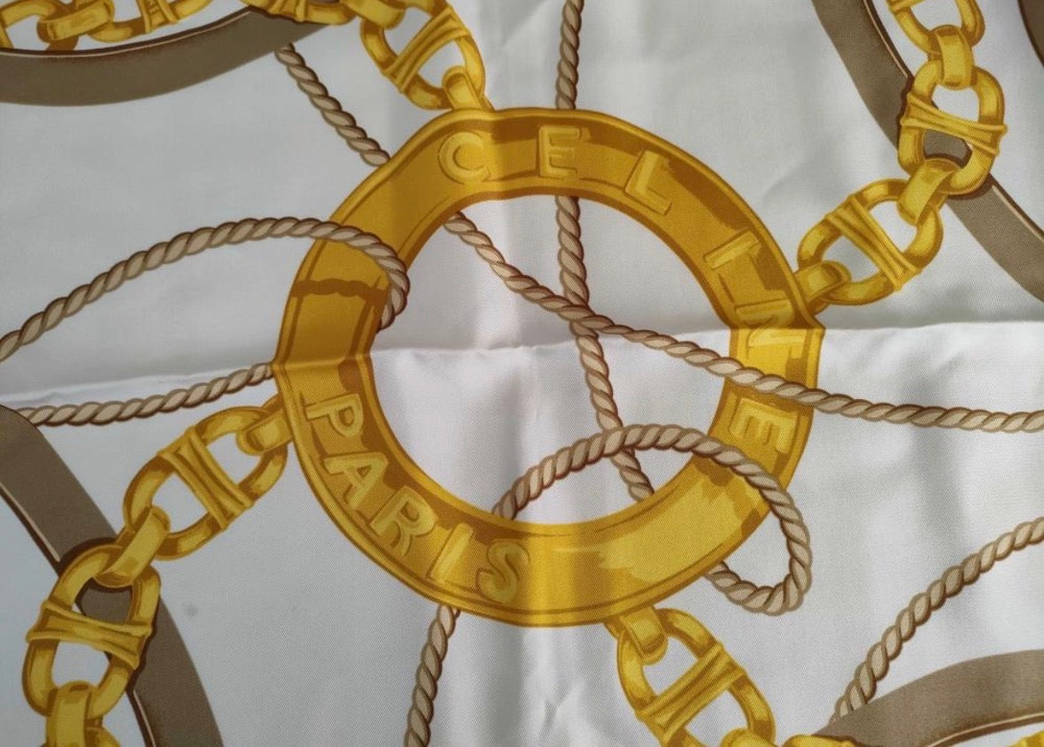 Celine Paris Square Silk Scarf with Chain and Buckle Pattern — detail photograph 1