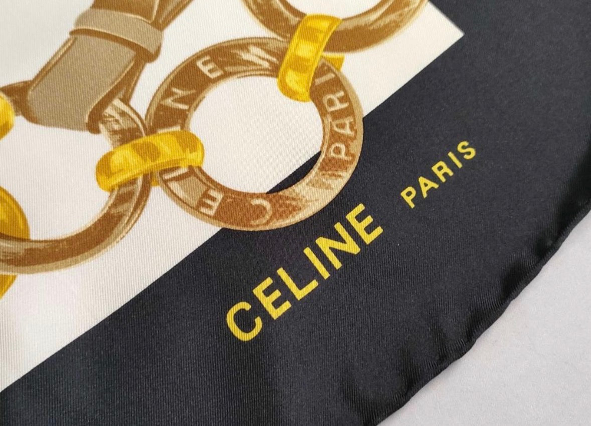 Celine Paris Square Silk Scarf with Chain and Buckle Pattern — detail 1