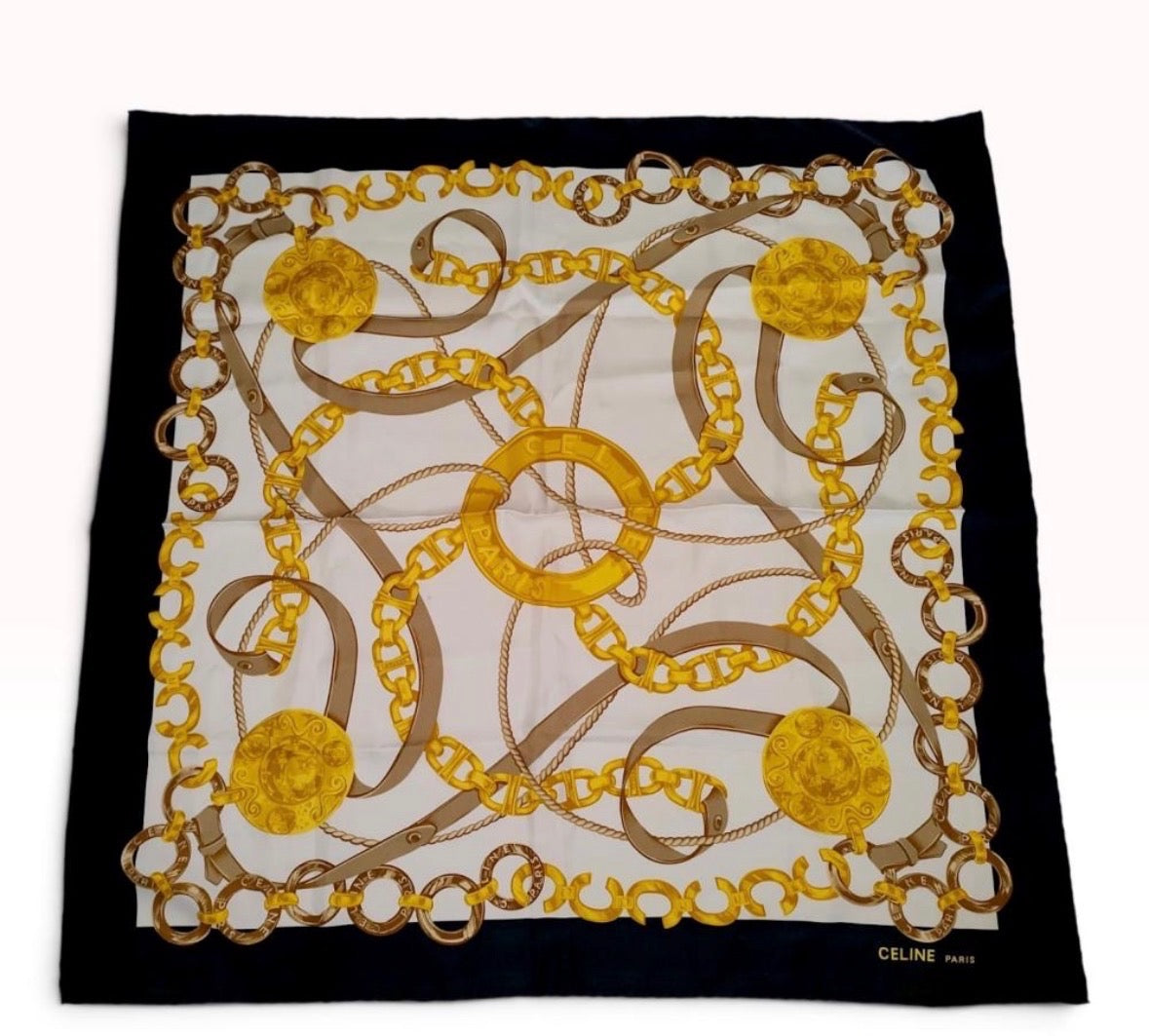 Celine Paris Square Silk Scarf with Chain and Buckle Pattern